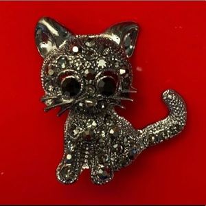 Vintage Rhinestone Black Kitty Cat Pin Brooch